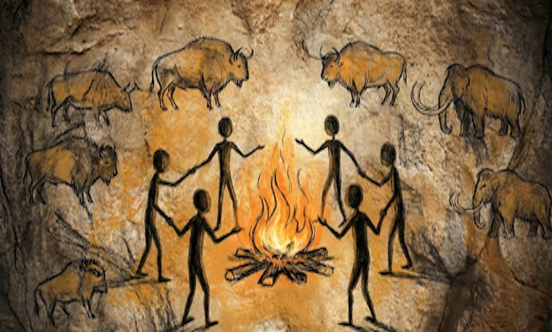 Cave painting: figures holding hands around a fire
